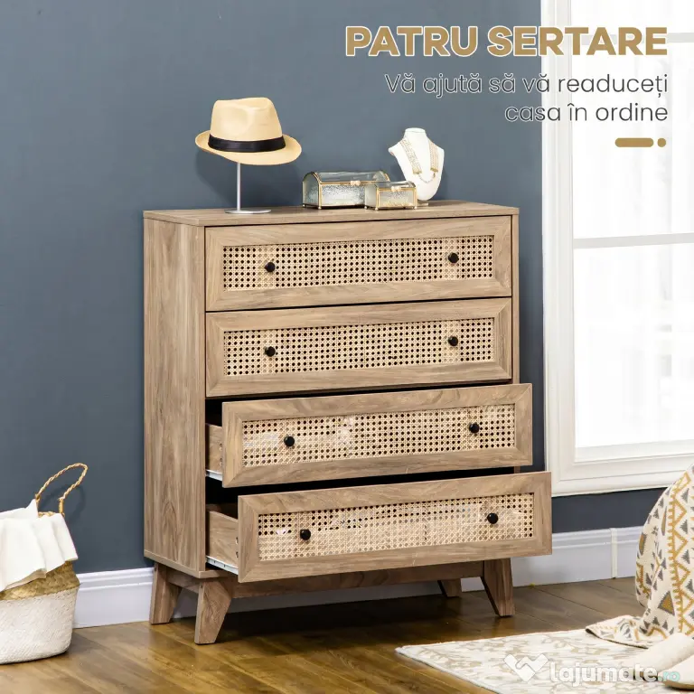 HOMCOM Comodă cu 4 Sertare și Inserții din Rattan Stil Boho, 80x35x95 cm, Lemn Natural