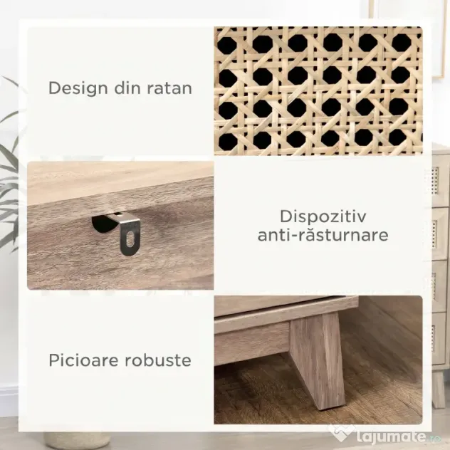 HOMCOM Comodă cu 4 Sertare și Inserții din Rattan Stil Boho, 80x35x95 cm, Lemn Natural