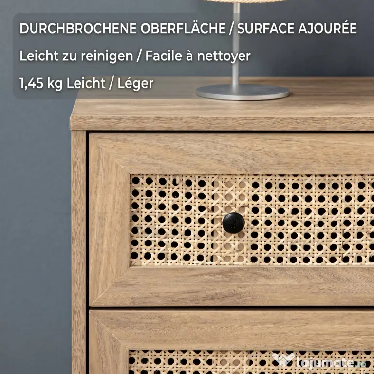 HOMCOM Comodă cu 4 Sertare și Inserții din Rattan Stil Boho, 80x35x95 cm, Lemn Natural