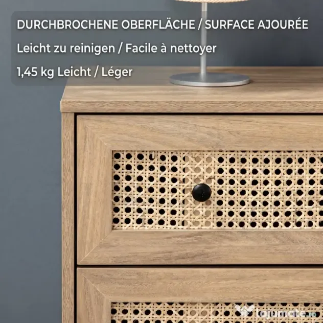 HOMCOM Comodă cu 4 Sertare și Inserții din Rattan Stil Boho, 80x35x95 cm, Lemn Natural