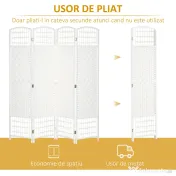 HOMCOM Paravan cu 4 panouri pliabil pentru interior, autoportant și împletit, 160x170 cm, alb 