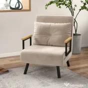 HOMCOM, Fotoliu Pat 3 în 1, Cu Spătar Reglabil și Pernă, din Material cu Aspect Catifelat, 63x73x81 cm, Bej