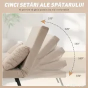 HOMCOM, Fotoliu Pat 3 în 1, Cu Spătar Reglabil și Pernă, din Material cu Aspect Catifelat, 63x73x81 cm, Bej
