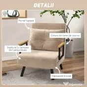 HOMCOM, Fotoliu Pat 3 în 1, Cu Spătar Reglabil și Pernă, din Material cu Aspect Catifelat, 63x73x81 cm, Bej