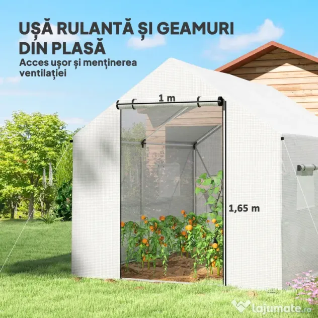 Outsunny Seră de Grădină Tip Tunel 2x3x2 m cu Uși și Ferestre Rulabile, Seră pentru Grădină cu Acoperiș Înclinat, Structură din Oțel și Acoperire din Polietilenă, pentru Grădină, Verdețuri, Flori, Fructe, Anti-UV, Alb