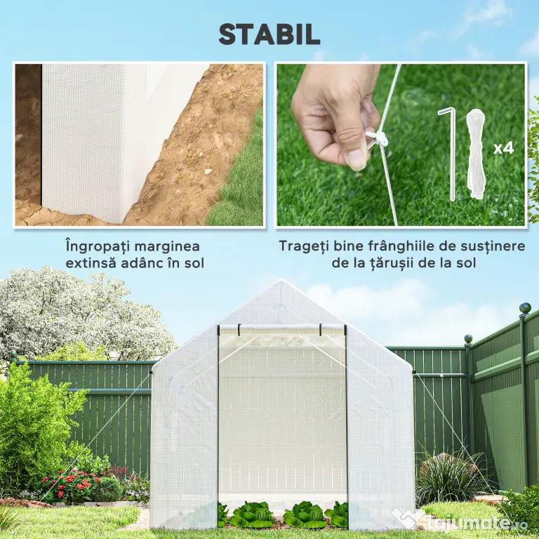 Outsunny Seră de Grădină Tip Tunel 2x3x2 m cu Uși și Ferestre Rulabile, Seră pentru Grădină cu Acoperiș Înclinat, Structură din Oțel și Acoperire din Polietilenă, pentru Grădină, Verdețuri, Flori, Fructe, Anti-UV, Alb