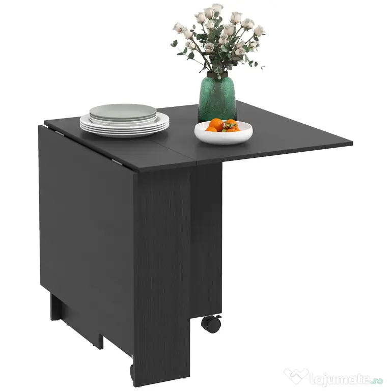 HOMCOM Masă pliabilă compactă cu 2 extensii pentru 6 persoane, cu rafturi și roți, negru