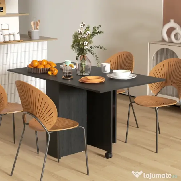 HOMCOM Masă pliabilă compactă cu 2 extensii pentru 6 persoane, cu rafturi și roți, negru