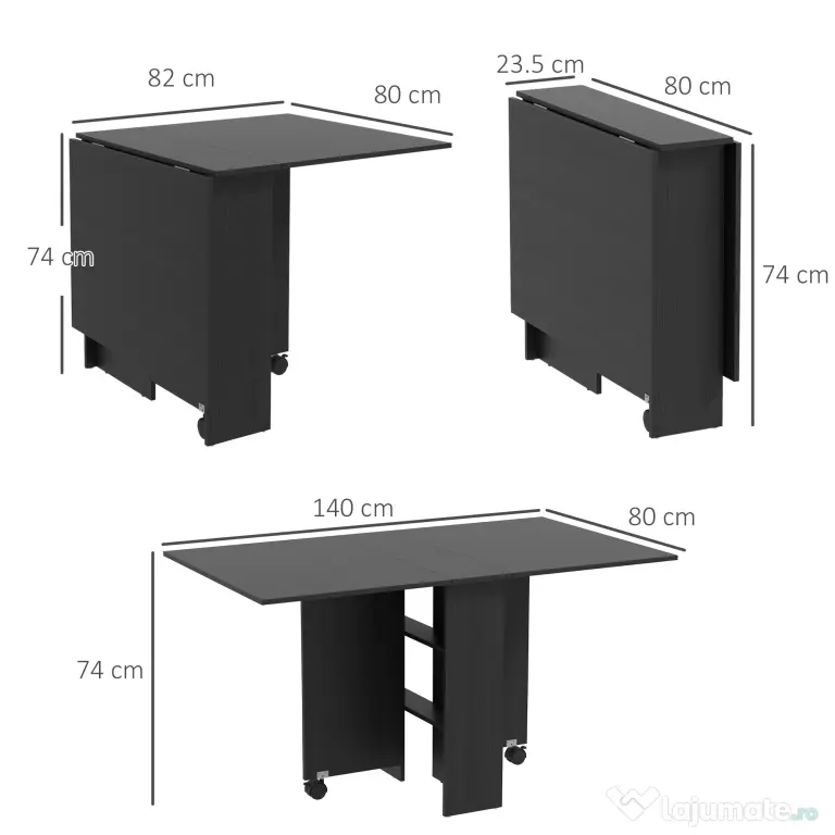 HOMCOM Masă pliabilă compactă cu 2 extensii pentru 6 persoane, cu rafturi și roți, negru