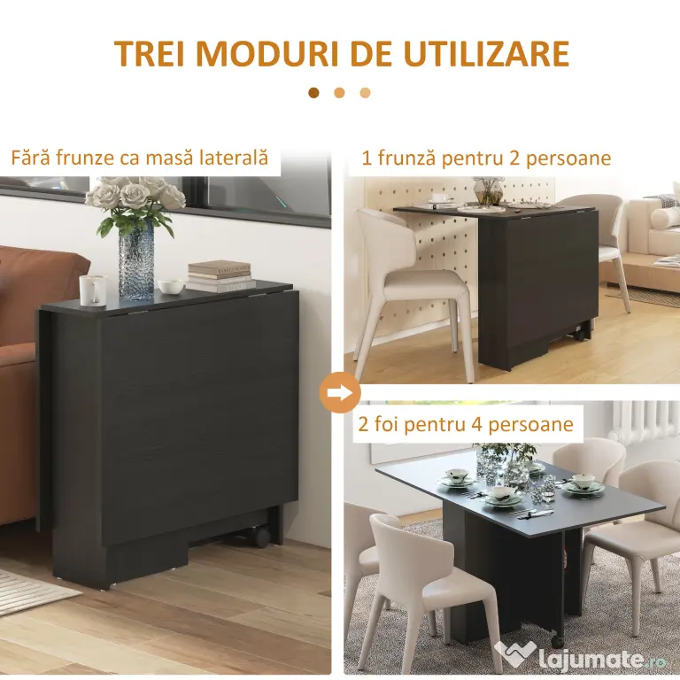 HOMCOM Masă pliabilă compactă cu 2 extensii pentru 6 persoane, cu rafturi și roți, negru