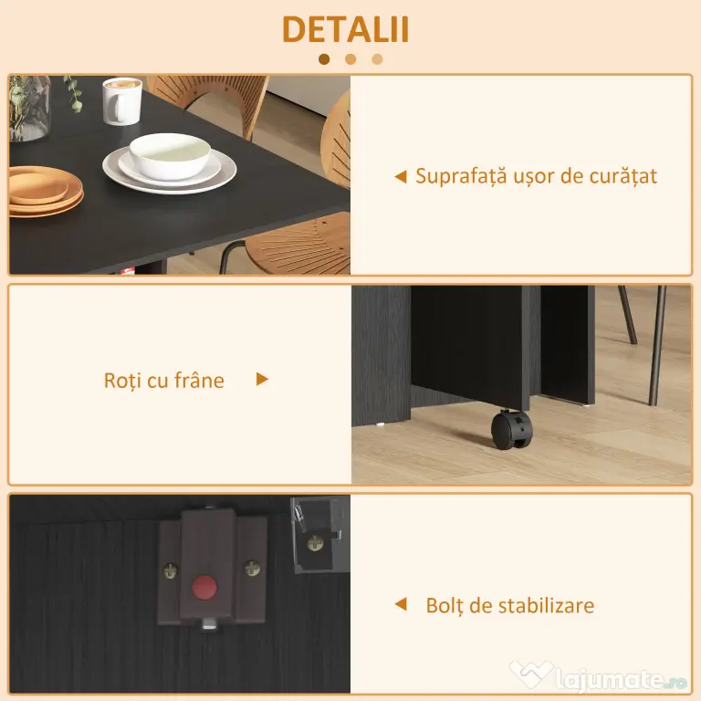 HOMCOM Masă pliabilă compactă cu 2 extensii pentru 6 persoane, cu rafturi și roți, negru