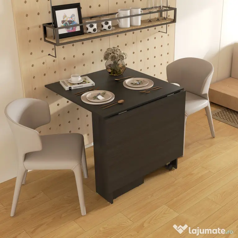 HOMCOM Masă pliabilă compactă cu 2 extensii pentru 6 persoane, cu rafturi și roți, negru