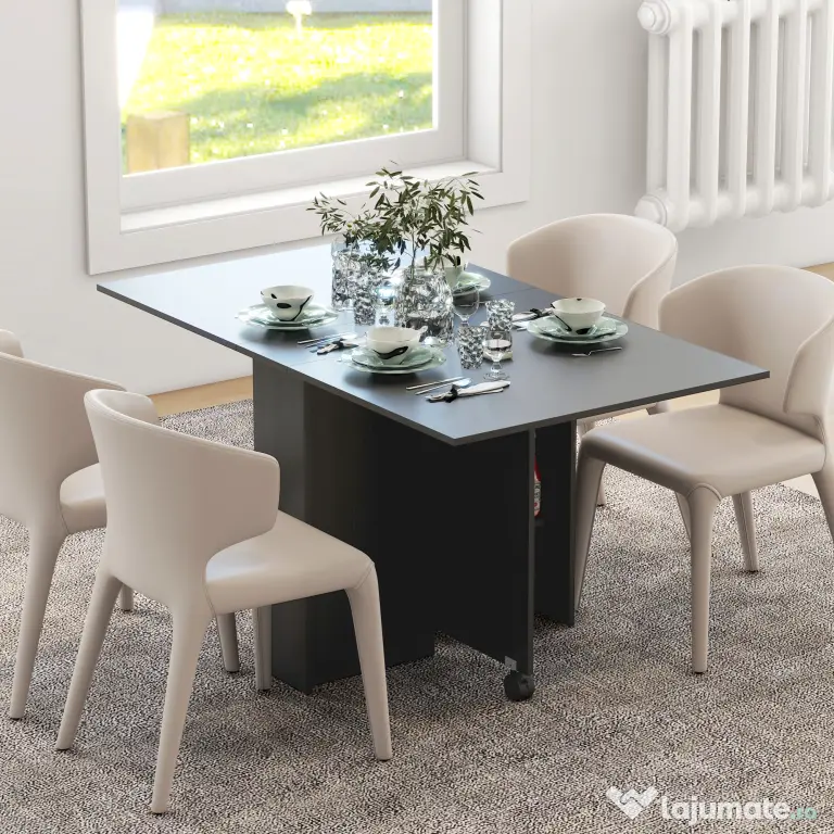 HOMCOM Masă pliabilă compactă cu 2 extensii pentru 6 persoane, cu rafturi și roți, negru
