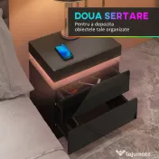 HOMCOM Noptieră LED cu 16 Culori și 4 Moduri, cu 2 Sertare, din Lemn, 45x35x52 cm, Negru