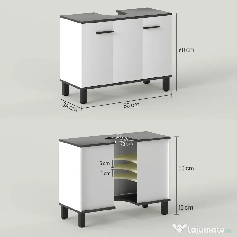 HOMCOM Dulap Sub Chiuvetă pentru Baie cu 2 Uși și Raft Reglabil, 80x34x60 cm, Alb Lucios