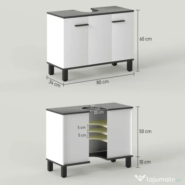 HOMCOM Dulap Sub Chiuvetă pentru Baie cu 2 Uși și Raft Reglabil, 80x34x60 cm, Alb Lucios