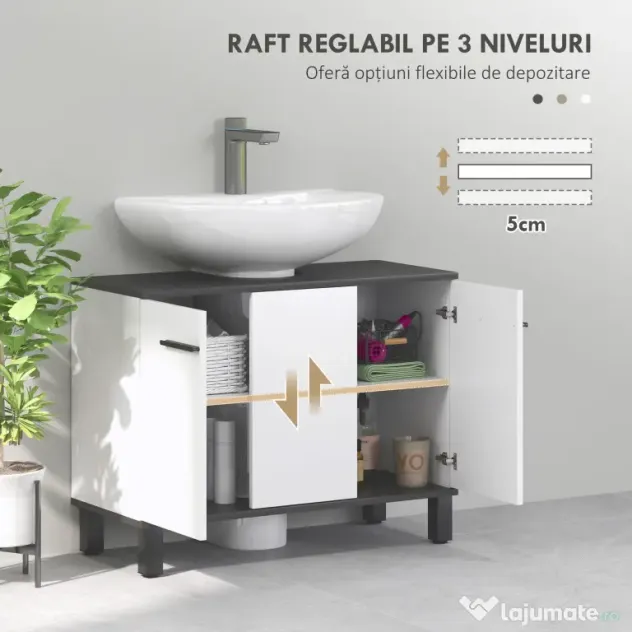 HOMCOM Dulap Sub Chiuvetă pentru Baie cu 2 Uși și Raft Reglabil, 80x34x60 cm, Alb Lucios
