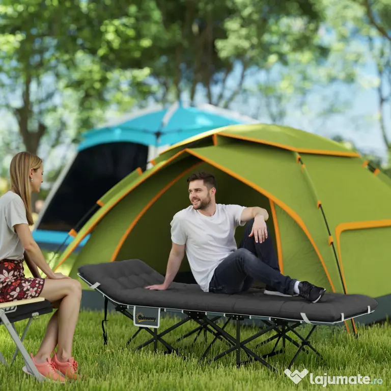 Outsunny Pat de Camping Pliabil cu Suport pentru Cap Înclinat și Saltea Detașabilă, 196x68x37 cm, Negru