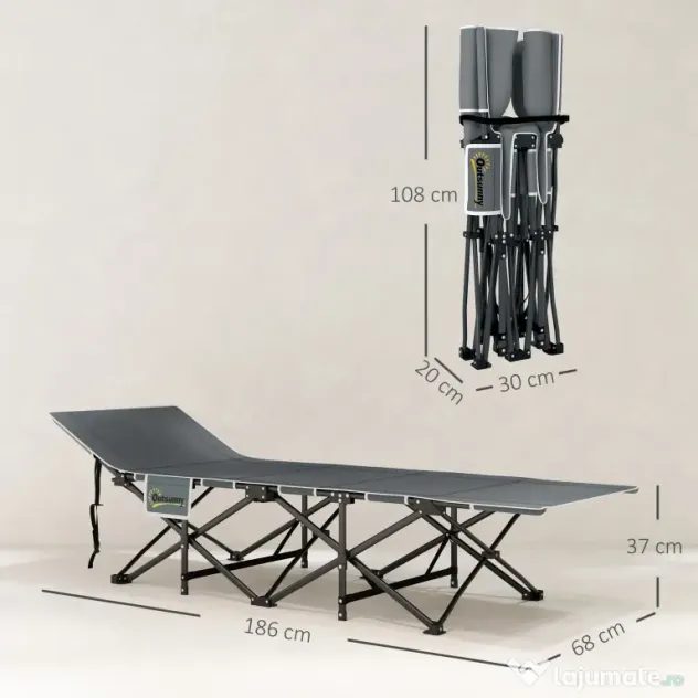 Outsunny Pat de Camping Pliabil cu Suport pentru Cap Înclinat și Saltea Detașabilă, 196x68x37 cm, Negru