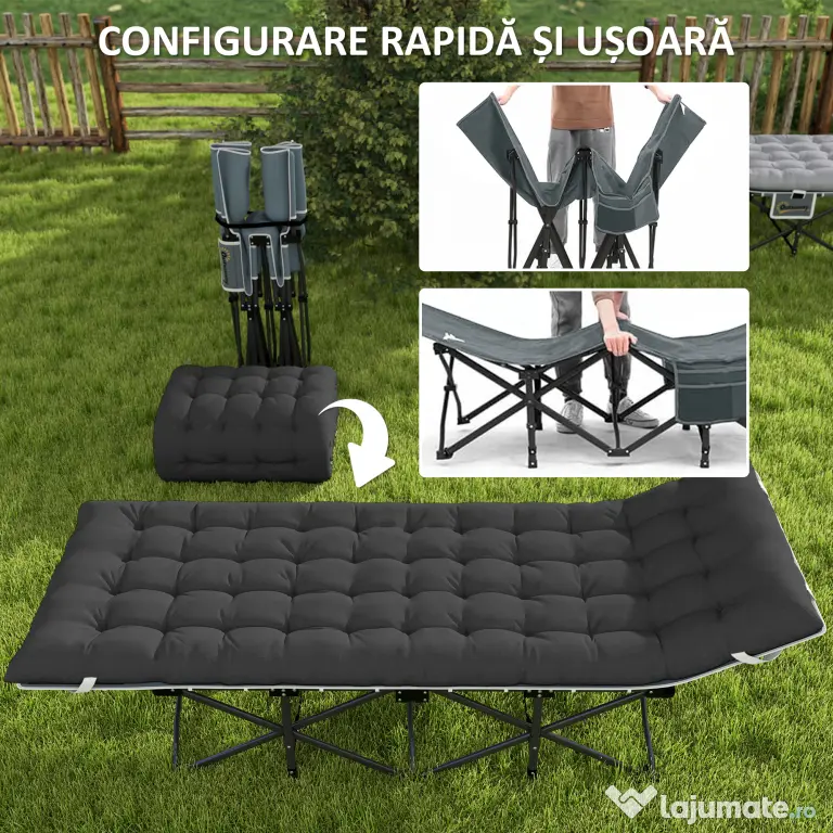 Outsunny Pat de Camping Pliabil cu Suport pentru Cap Înclinat și Saltea Detașabilă, 196x68x37 cm, Negru