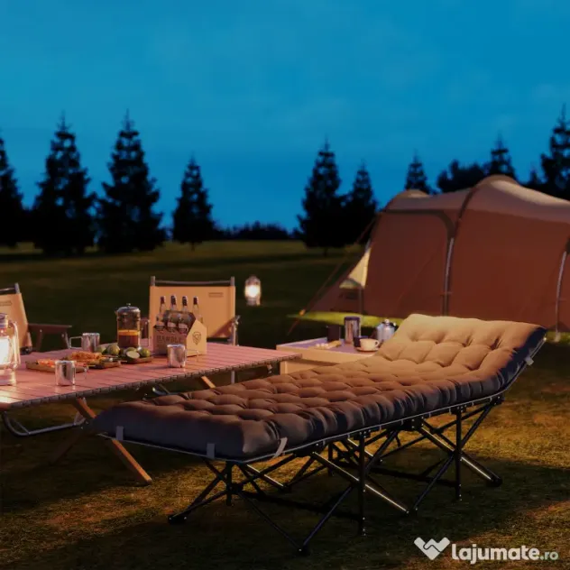 Outsunny Pat de Camping Pliabil cu Suport pentru Cap Înclinat și Saltea Detașabilă, 196x68x37 cm, Negru