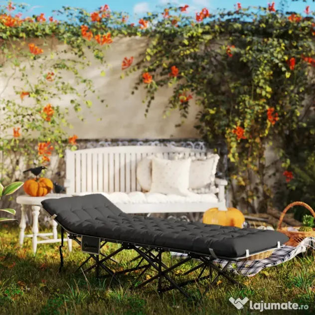 Outsunny Pat de Camping Pliabil cu Suport pentru Cap Înclinat și Saltea Detașabilă, 196x68x37 cm, Negru