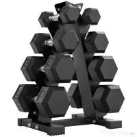 SPORTNOW Set Gantere Hexagonale cu Suport pentru Economisirea Spațiului, de la 2 kg la 10 kg, Negru