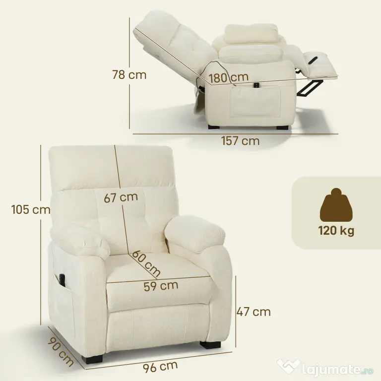 HOMCOM Fotoliu Reclinabil 150° cu Efect de Catifea, Suport pentru Picioare, Telecomandă și Buzunar Lateral, 96x90x105 cm, Alb