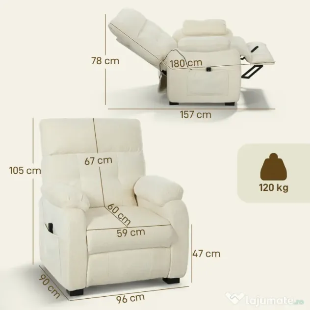 HOMCOM Fotoliu Reclinabil 150° cu Efect de Catifea, Suport pentru Picioare, Telecomandă și Buzunar Lateral, 96x90x105 cm, Alb