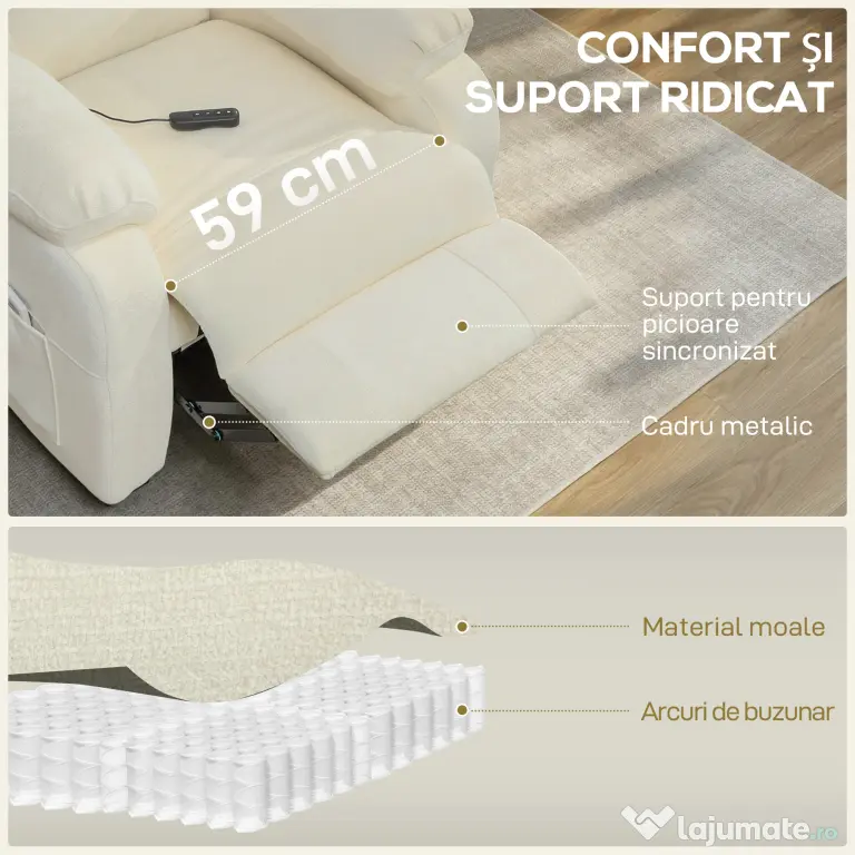 HOMCOM Fotoliu Reclinabil 150° cu Efect de Catifea, Suport pentru Picioare, Telecomandă și Buzunar Lateral, 96x90x105 cm, Alb
