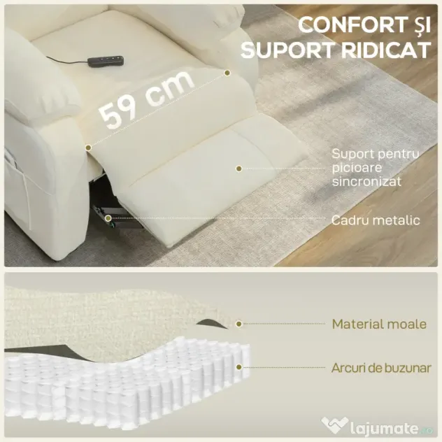 HOMCOM Fotoliu Reclinabil 150° cu Efect de Catifea, Suport pentru Picioare, Telecomandă și Buzunar Lateral, 96x90x105 cm, Alb