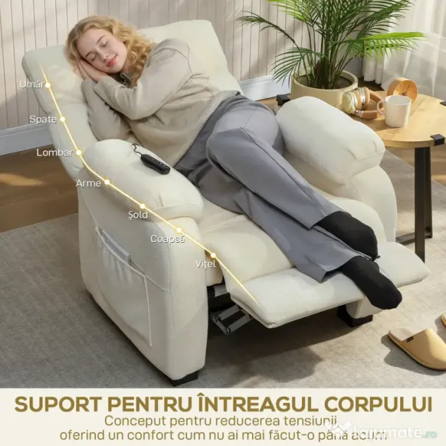 HOMCOM Fotoliu Reclinabil 150° cu Efect de Catifea, Suport pentru Picioare, Telecomandă și Buzunar Lateral, 96x90x105 cm, Alb