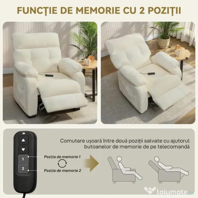 HOMCOM Fotoliu Reclinabil 150° cu Efect de Catifea, Suport pentru Picioare, Telecomandă și Buzunar Lateral, 96x90x105 cm, Alb