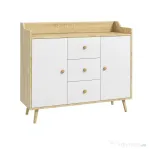 HOMCOM Bufet Modern din PAL si Lemn de di Pin cu 3 Sertare si 2 Dulapioare cu 2 Niveluri, 90x32x80 cm, Alb si Lemn Natur