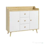 HOMCOM Bufet Modern din PAL si Lemn de di Pin cu 3 Sertare si 2 Dulapioare cu 2 Niveluri, 90x32x80 cm, Alb si Lemn Natur 
