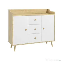 HOMCOM Bufet Modern din PAL si Lemn de di Pin cu 3 Sertare si 2 Dulapioare cu 2 Niveluri, 90x32x80 cm, Alb si Lemn Natur