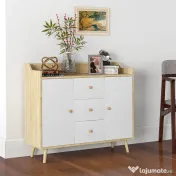 HOMCOM Bufet Modern din PAL si Lemn de di Pin cu 3 Sertare si 2 Dulapioare cu 2 Niveluri, 90x32x80 cm, Alb si Lemn Natur 