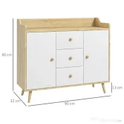 HOMCOM Bufet Modern din PAL si Lemn de di Pin cu 3 Sertare si 2 Dulapioare cu 2 Niveluri, 90x32x80 cm, Alb si Lemn Natur 