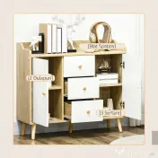 HOMCOM Bufet Modern din PAL si Lemn de di Pin cu 3 Sertare si 2 Dulapioare cu 2 Niveluri, 90x32x80 cm, Alb si Lemn Natur 