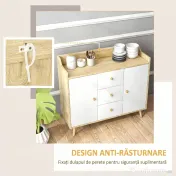 HOMCOM Bufet Modern din PAL si Lemn de di Pin cu 3 Sertare si 2 Dulapioare cu 2 Niveluri, 90x32x80 cm, Alb si Lemn Natur 