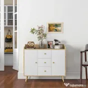 HOMCOM Bufet Modern din PAL si Lemn de di Pin cu 3 Sertare si 2 Dulapioare cu 2 Niveluri, 90x32x80 cm, Alb si Lemn Natur 