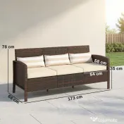 Outsunny Canapea de exterior cu 3 locuri, din ratan PE, cu perne confortabile și detașabile, 173x68x78 cm, maro