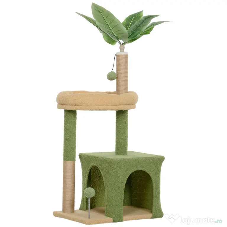 PawHut Arbore pentru pisici cu căsuță, pat și 2 mingi, din lemn și poliester, 44x30x98 cm, verde și maro