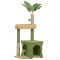 PawHut Arbore pentru pisici cu căsuță, pat și 2 mingi, din lemn și poliester, 44x30x98 cm, verde și maro