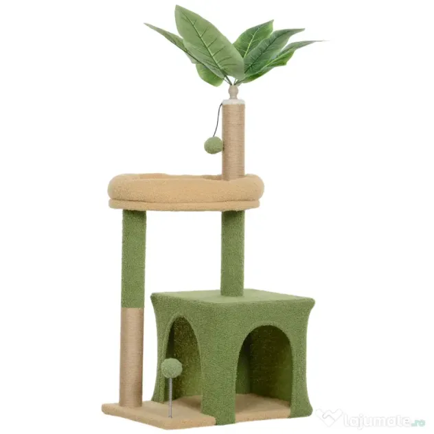 PawHut Arbore pentru pisici cu căsuță, pat și 2 mingi, din lemn și poliester, 44x30x98 cm, verde și maro