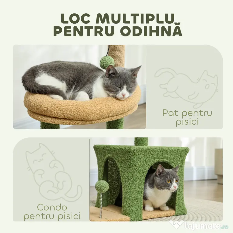 PawHut Arbore pentru pisici cu căsuță, pat și 2 mingi, din lemn și poliester, 44x30x98 cm, verde și maro