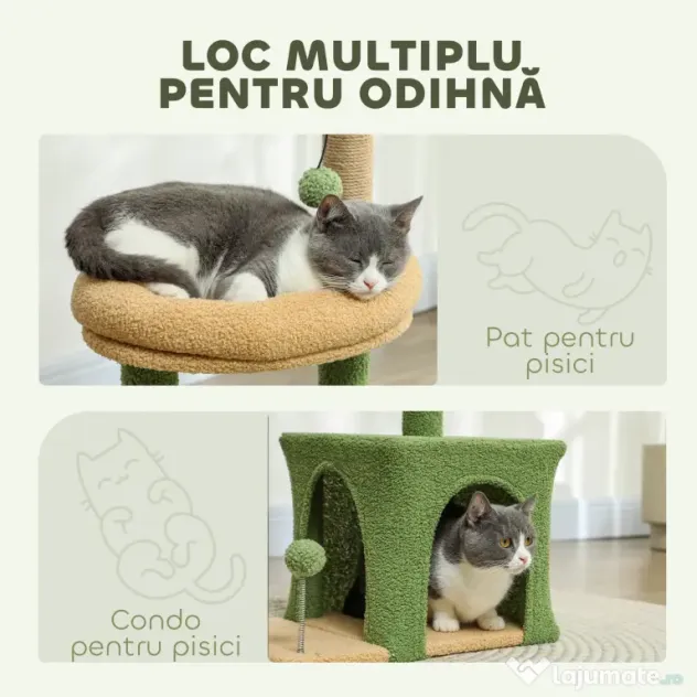 PawHut Arbore pentru pisici cu căsuță, pat și 2 mingi, din lemn și poliester, 44x30x98 cm, verde și maro
