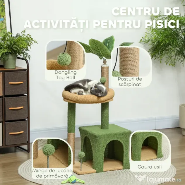 PawHut Arbore pentru pisici cu căsuță, pat și 2 mingi, din lemn și poliester, 44x30x98 cm, verde și maro