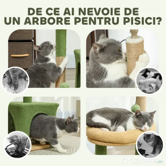 PawHut Arbore pentru pisici cu căsuță, pat și 2 mingi, din lemn și poliester, 44x30x98 cm, verde și maro