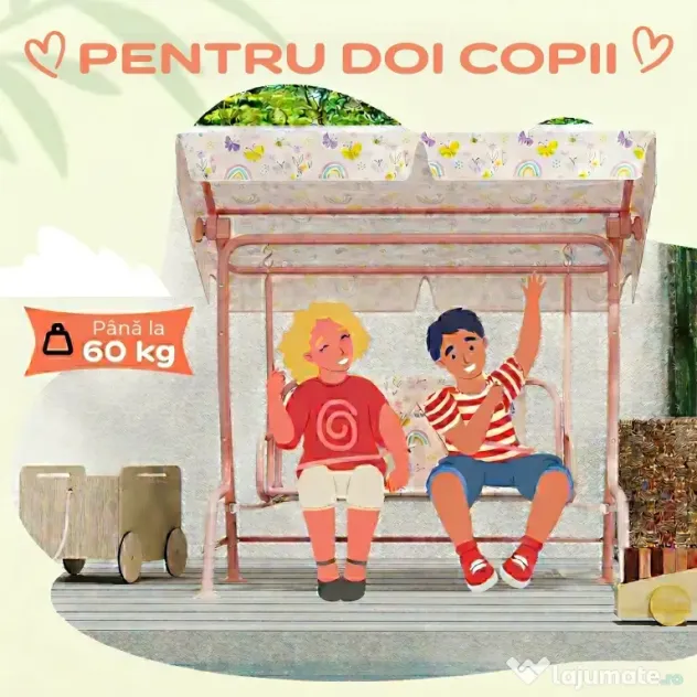 AIYAPLAY Leagăn de exterior pentru copii cu 2 locuri, acoperiș reglabil și centuri de siguranță, 112x75x120 cm, roz